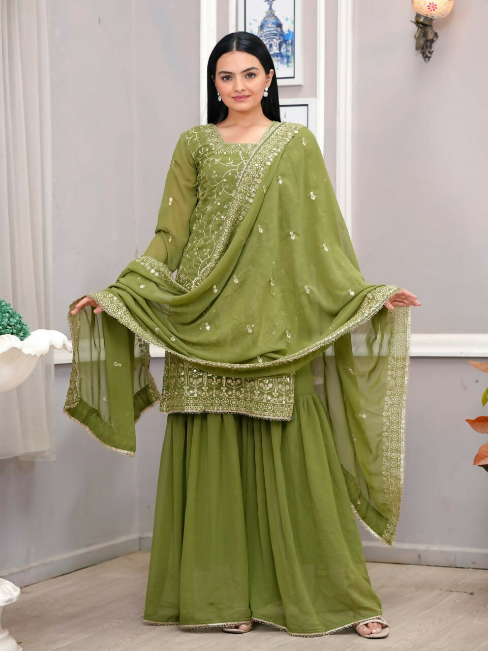 Teeya Creation Mehendi Green Faux Georgette Embroidery Work Sharara Set - Distacart