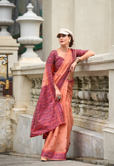 Anaita Orange Designer Weaving Soft Linen Saree With Blouse