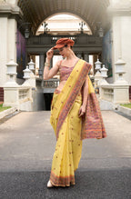 Anaita Yellow Designer Weaving Soft Linen Saree With Blouse - Distacart