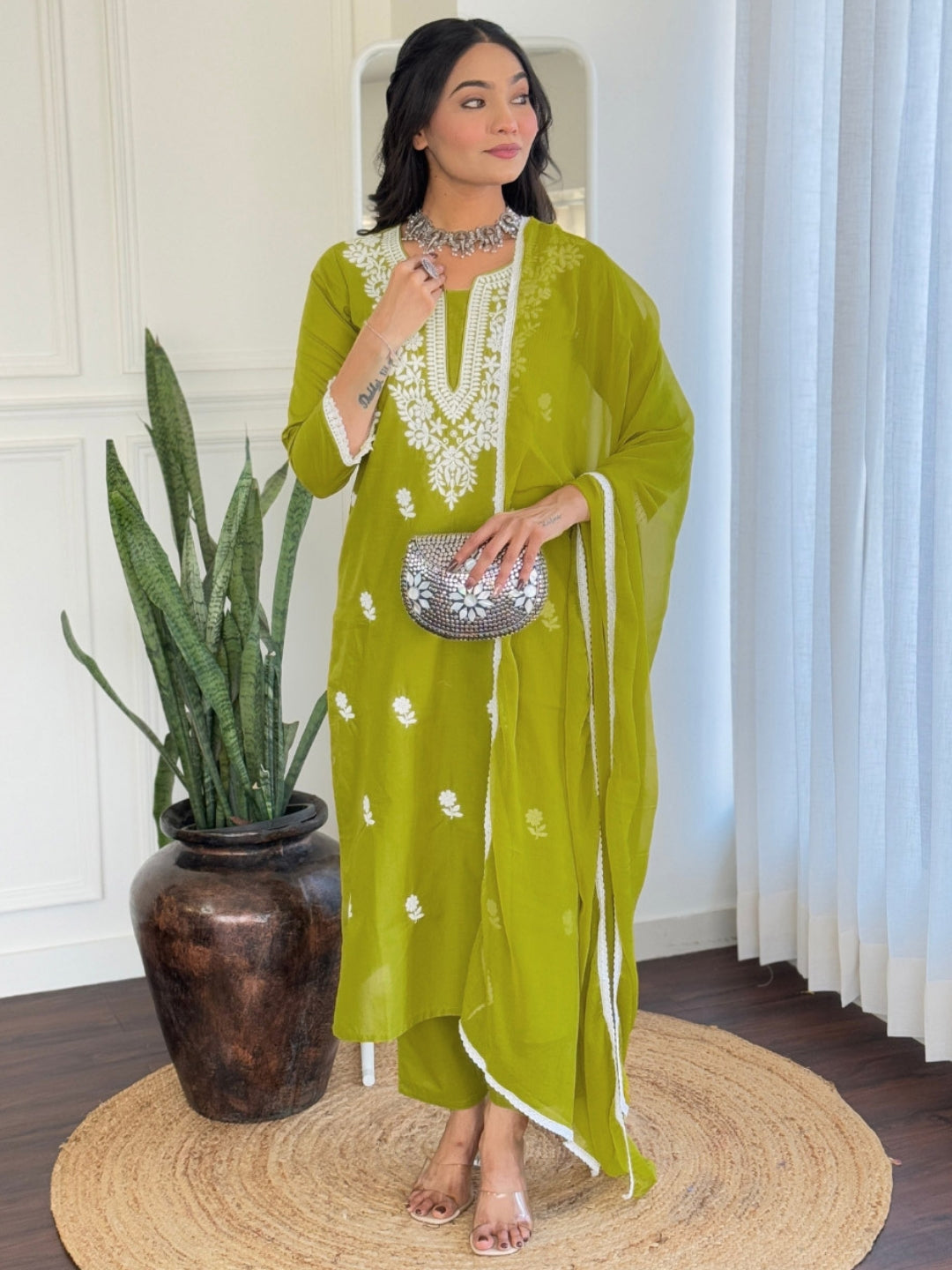 The52 Chikankari Work with Pure Cotton Fabric Straight Kurta, Pant and Dupatta Set - Distacart
