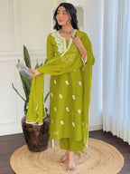 The52 Chikankari Work with Pure Cotton Fabric Straight Kurta, Pant and Dupatta Set - Distacart
