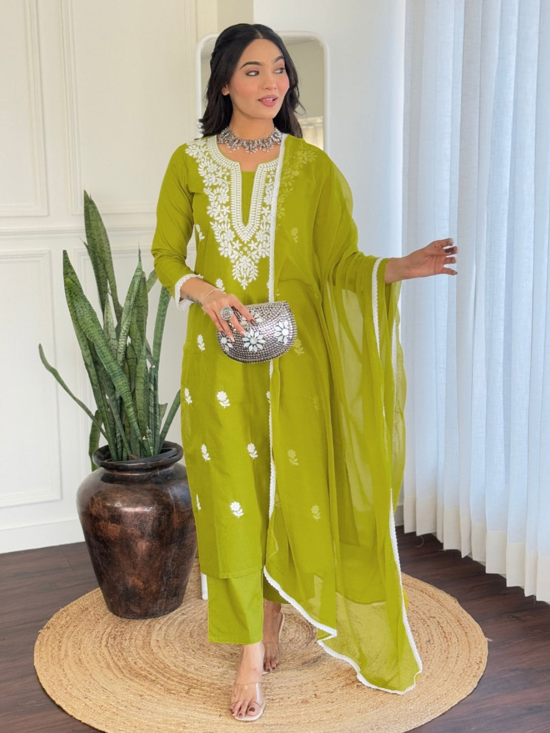 The52 Chikankari Work with Pure Cotton Fabric Straight Kurta, Pant and Dupatta Set - Distacart