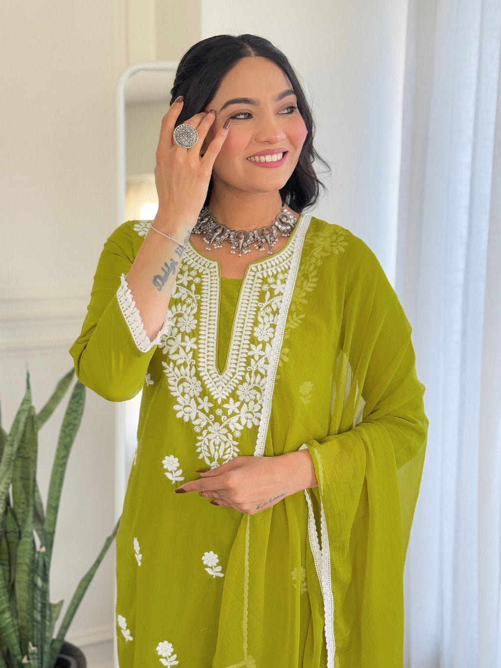 The52 Chikankari Work with Pure Cotton Fabric Straight Kurta, Pant and Dupatta Set - Distacart