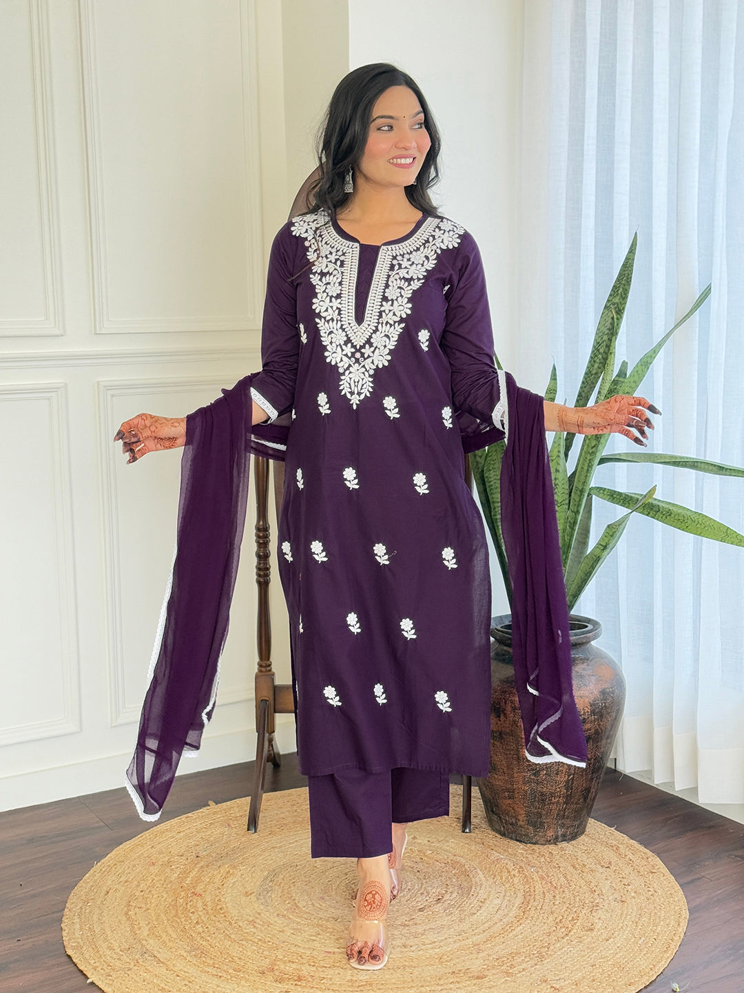 The52 Chikankari Work with Pure Cotton Fabric Straight Kurta, Pant and Dupatta Set - Distacart