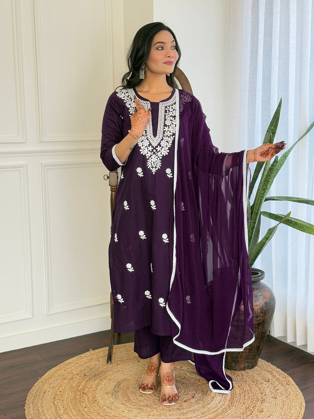The52 Chikankari Work with Pure Cotton Fabric Straight Kurta, Pant and Dupatta Set - Distacart