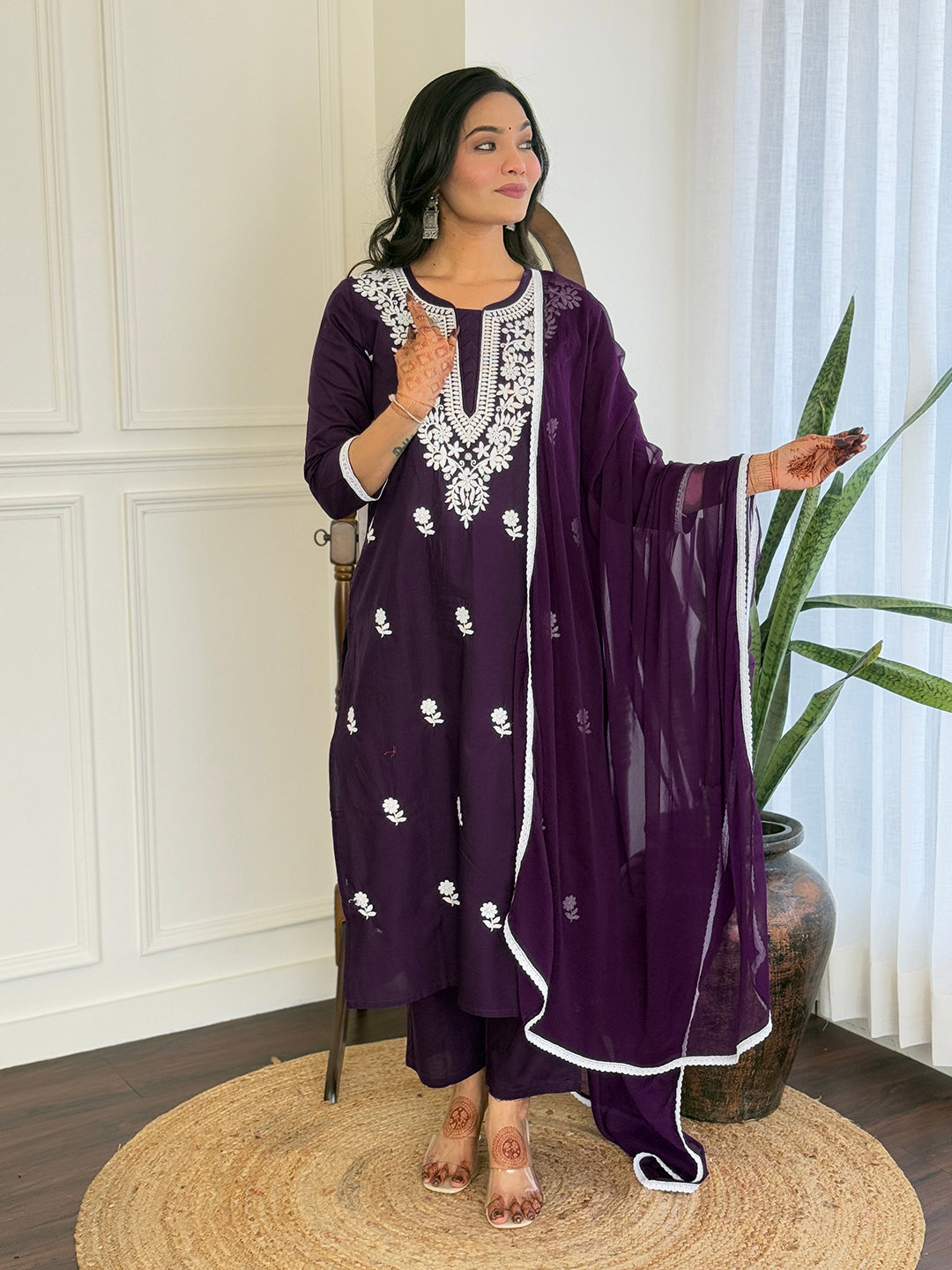 The52 Chikankari Work with Pure Cotton Fabric Straight Kurta, Pant and Dupatta Set - Distacart