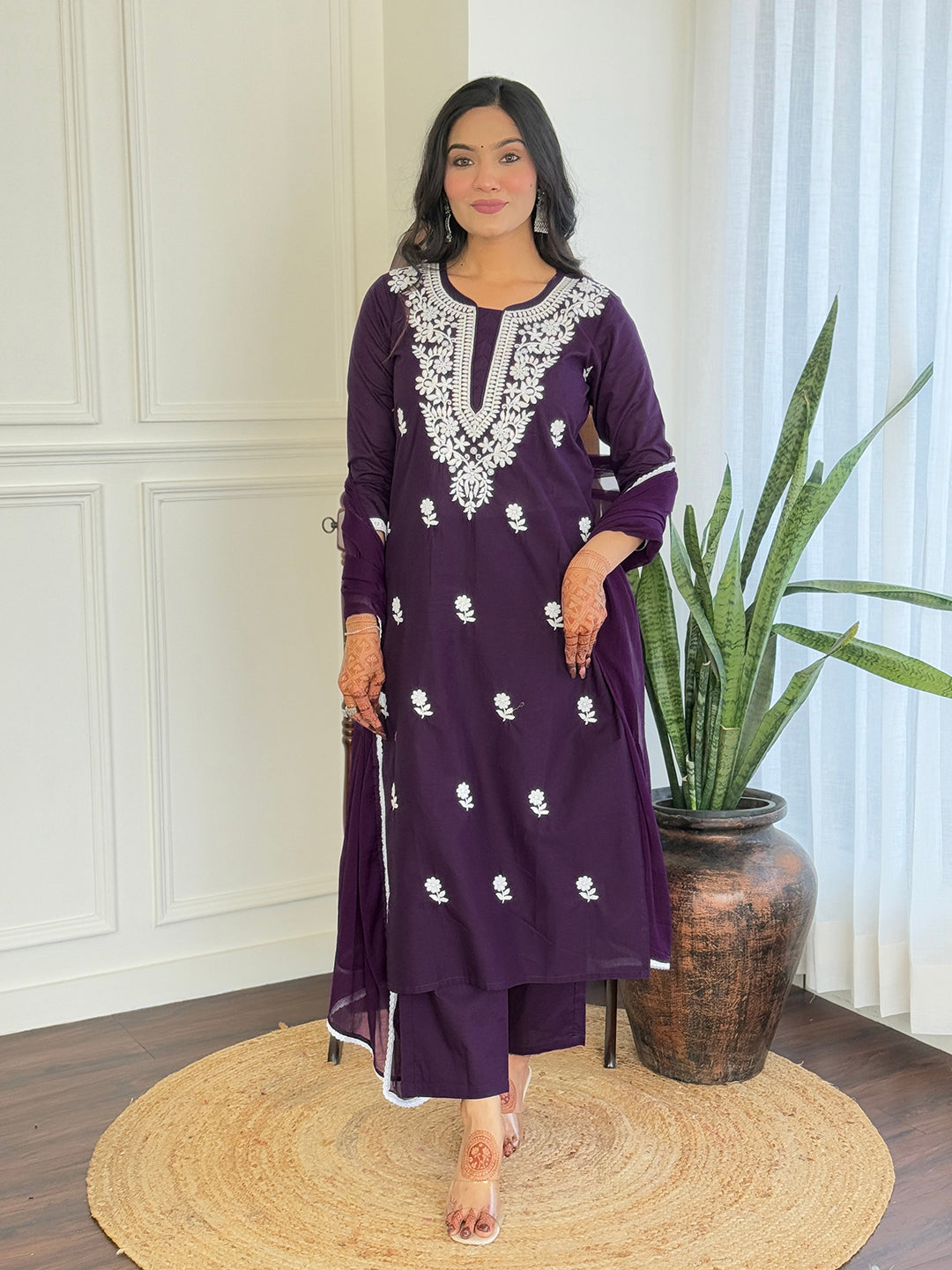 The52 Chikankari Work with Pure Cotton Fabric Straight Kurta, Pant and Dupatta Set - Distacart
