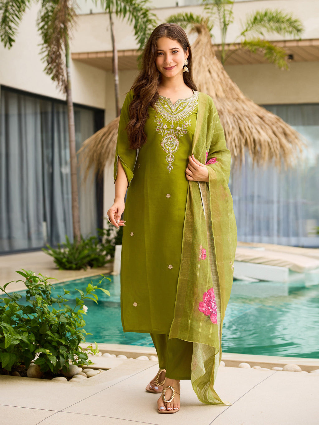 The52 Women's Viscose Embroidery work Straight Kurta with Pant and Dupatta Set - Distacart