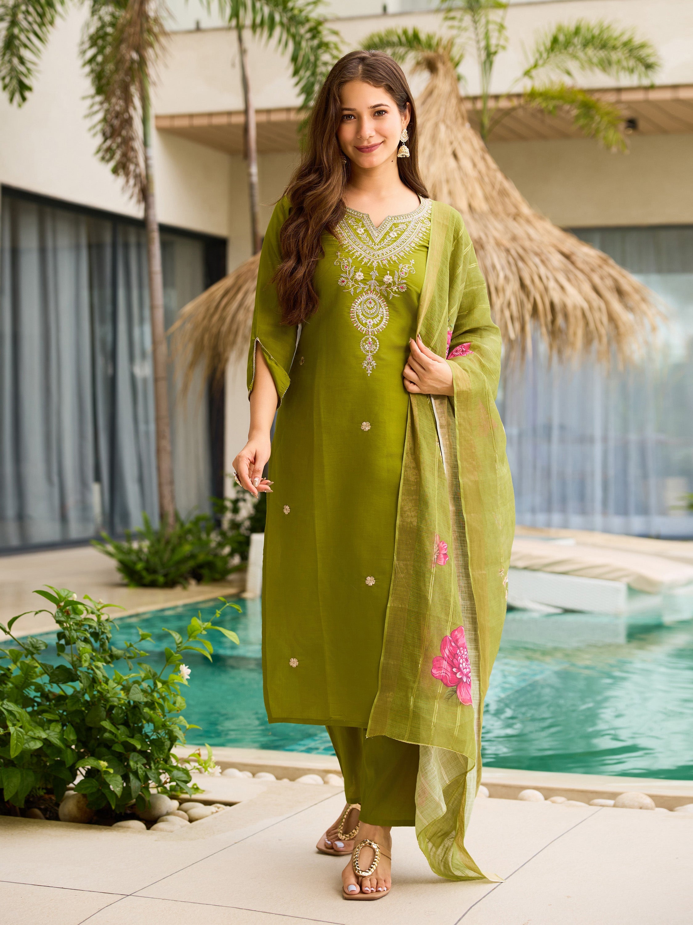 The52 Women's Viscose Embroidery work Straight Kurta with Pant and Dupatta Set - Distacart