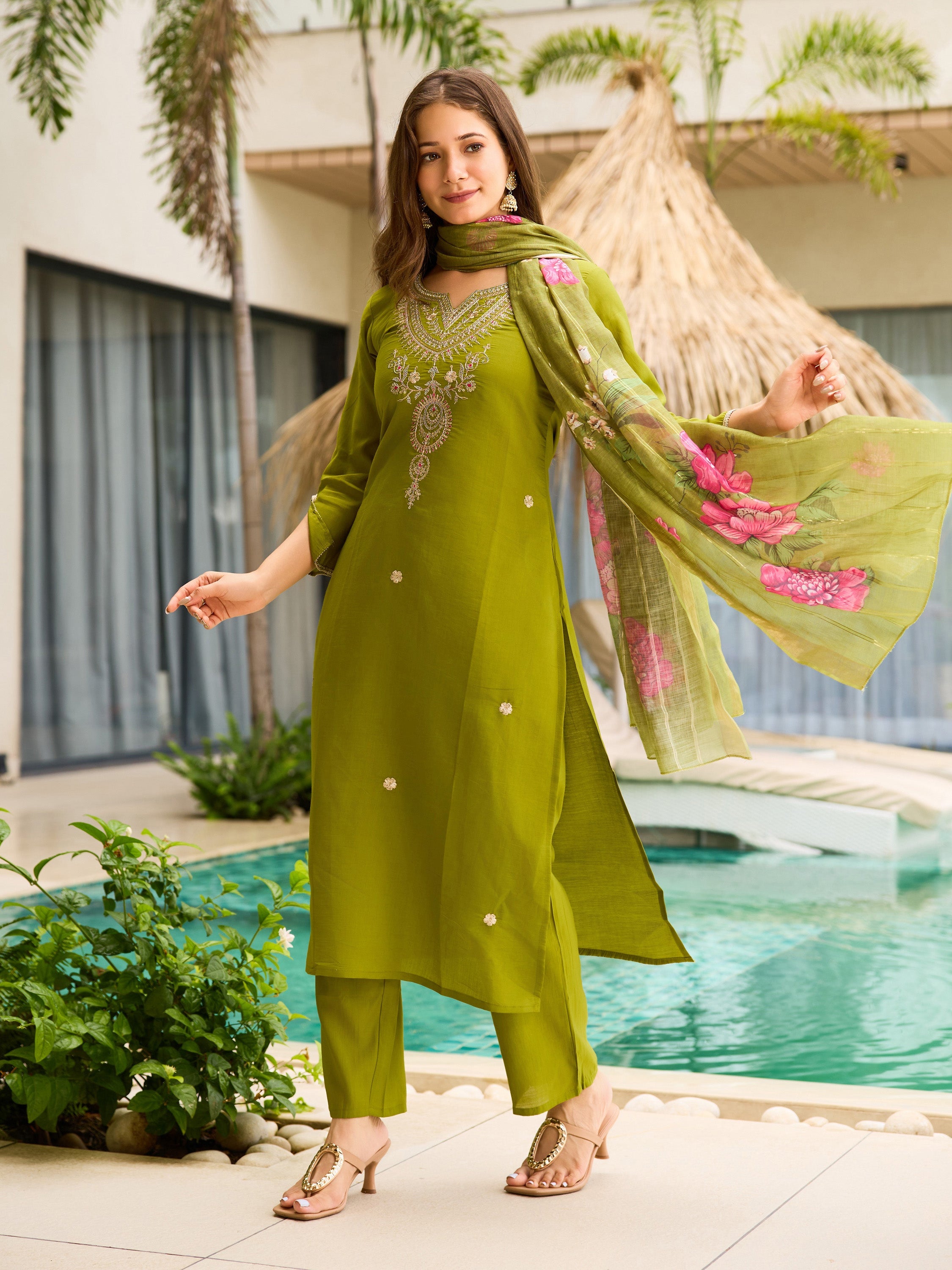 The52 Women's Viscose Embroidery work Straight Kurta with Pant and Dupatta Set - Distacart