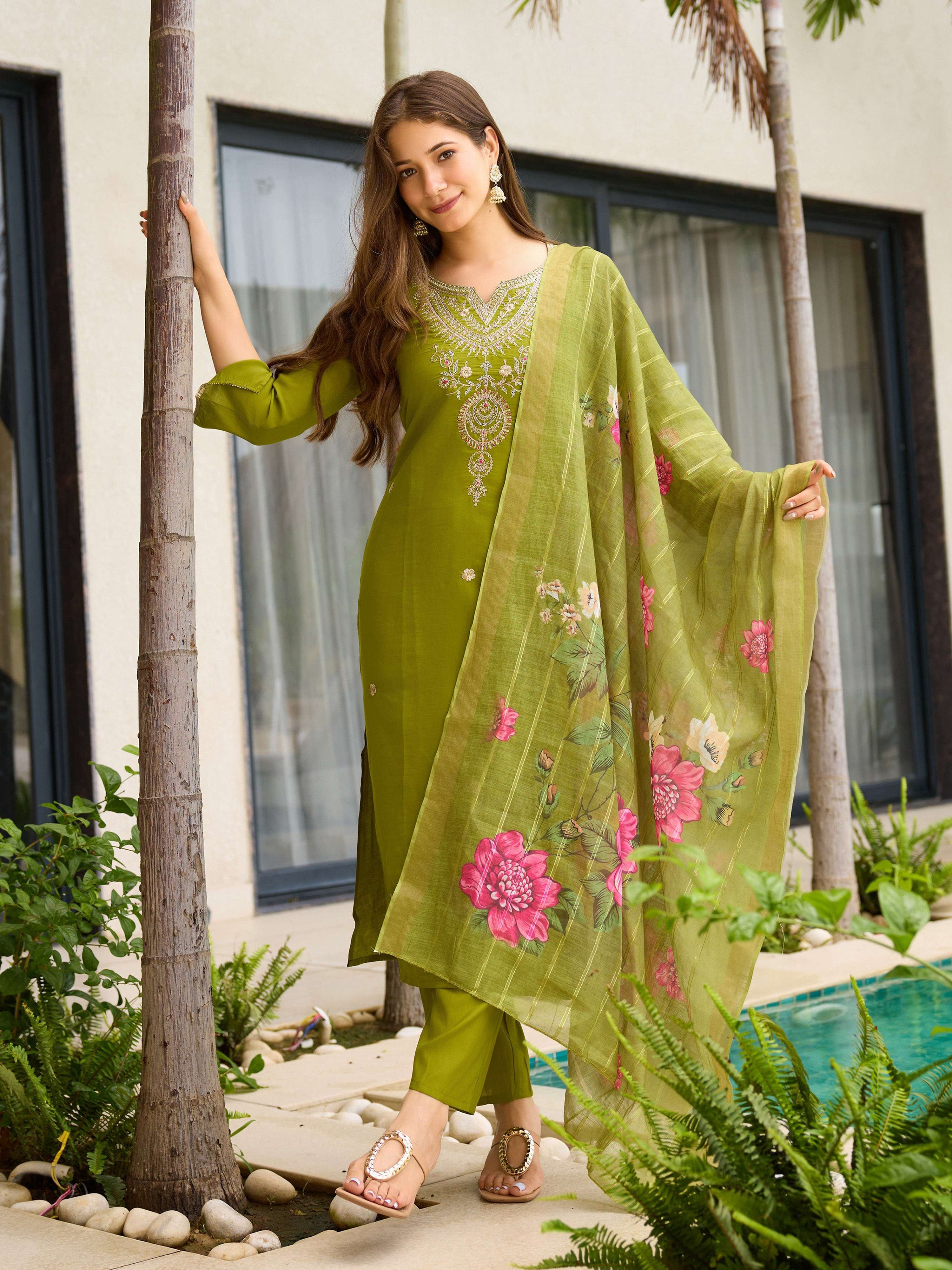 The52 Women's Viscose Embroidery work Straight Kurta with Pant and Dupatta Set - Distacart