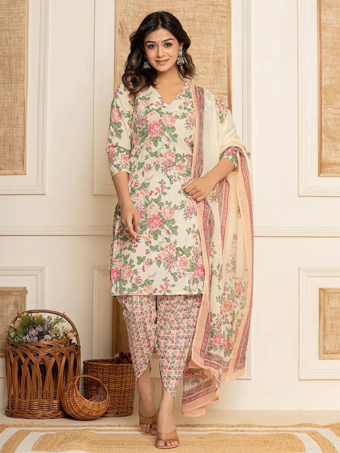 Yufta Cream Floral Print Cotton Straight Style Kurta And Dhoti Pants With Dupatta Set