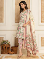 Yufta Cream Floral Print Cotton Straight Style Kurta And Dhoti Pants With Dupatta Set