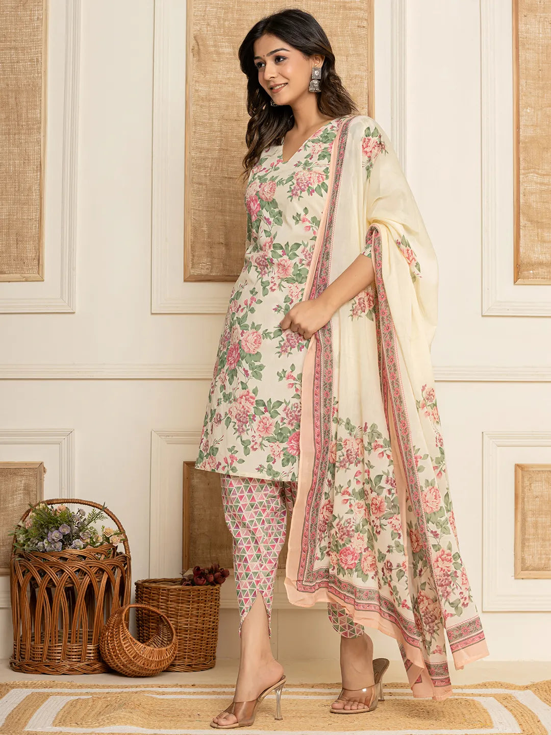 Yufta Cream Floral Print Cotton Straight Style Kurta And Dhoti Pants With Dupatta Set
