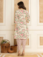 Yufta Cream Floral Print Cotton Straight Style Kurta And Dhoti Pants With Dupatta Set