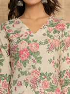 Yufta Cream Floral Print Cotton Straight Style Kurta And Dhoti Pants With Dupatta Set