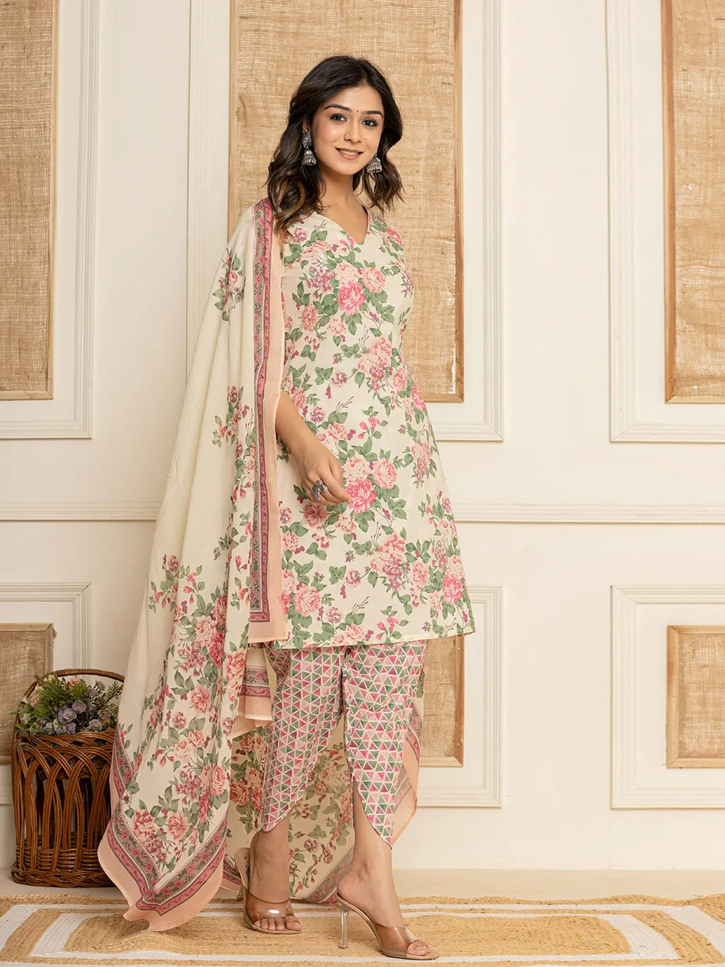 Yufta Cream Floral Print Cotton Straight Style Kurta And Dhoti Pants With Dupatta Set