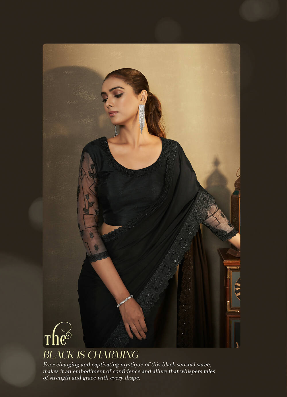 Black Satin Silk Floral Embroidered with Swaroski Work Saree With Unstitched Blouse Piece - Norita Royal Erisha