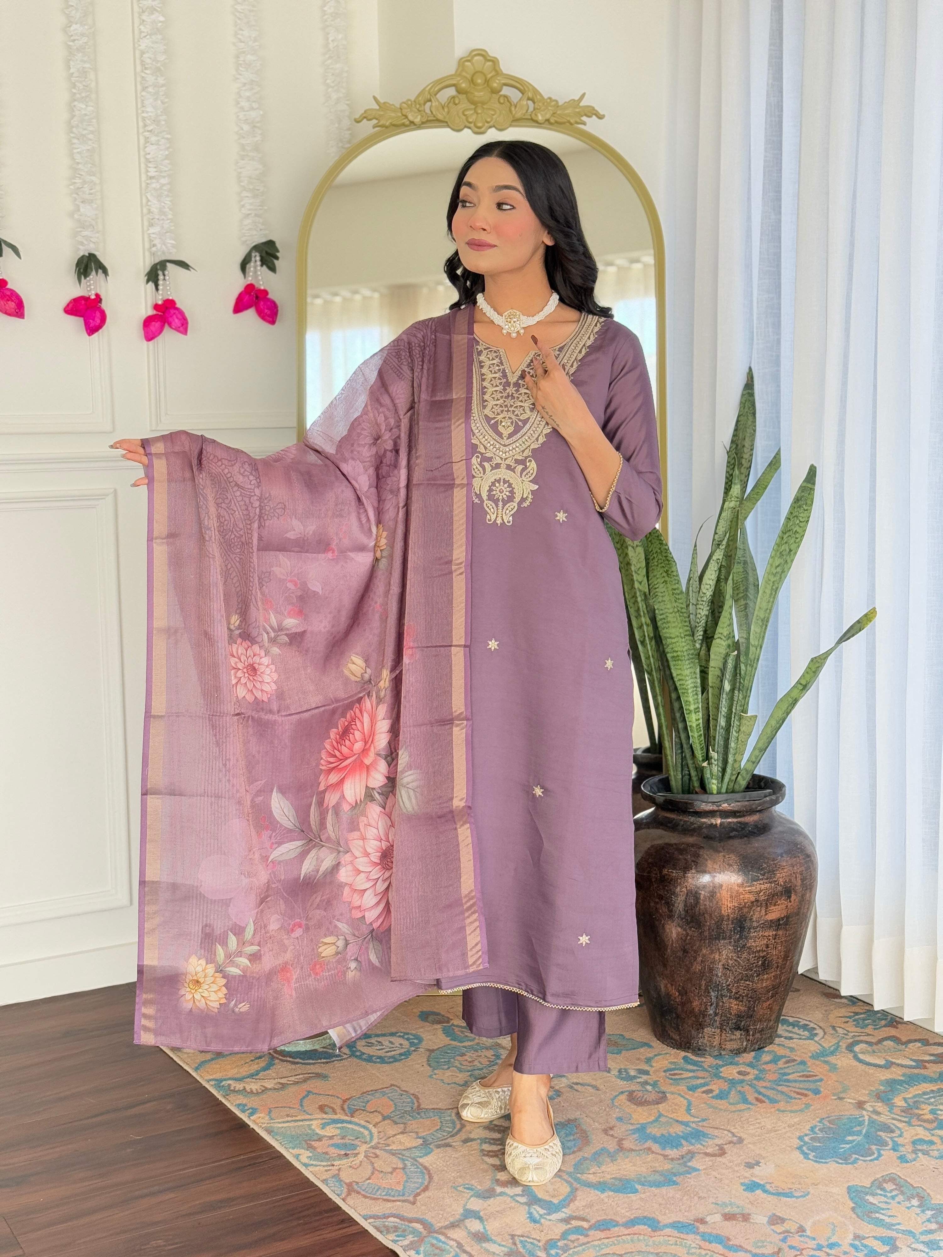 The52 Women's Gorgeous Viscose Embroidery work Straight Kurta with Pant and Dupatta Set - Distacart
