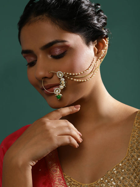 Gold-Polished White Green Kundan-Studded Pearl Beaded Nosepin - Ruby Raang