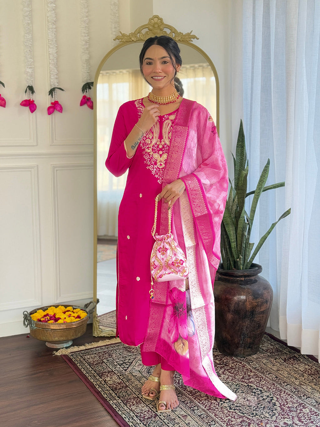 The52 Women's Gorgeous Viscose Embroidery work Straight Kurta with Pant and Dupatta Set - Distacart