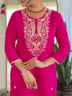 The52 Women's Gorgeous Viscose Embroidery work Straight Kurta with Pant and Dupatta Set - Distacart