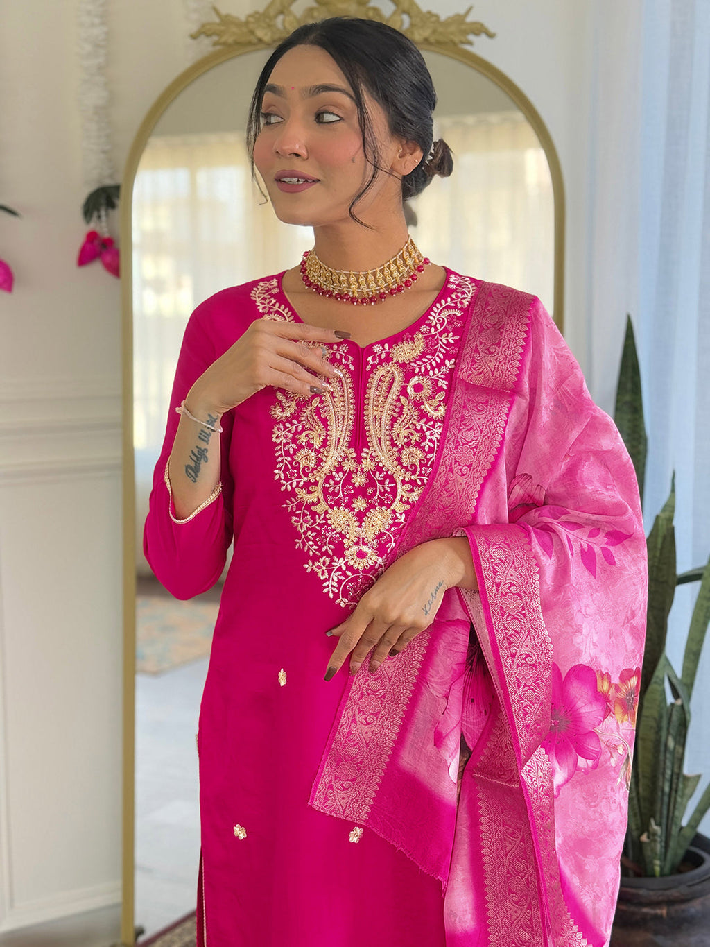 The52 Women's Gorgeous Viscose Embroidery work Straight Kurta with Pant and Dupatta Set - Distacart