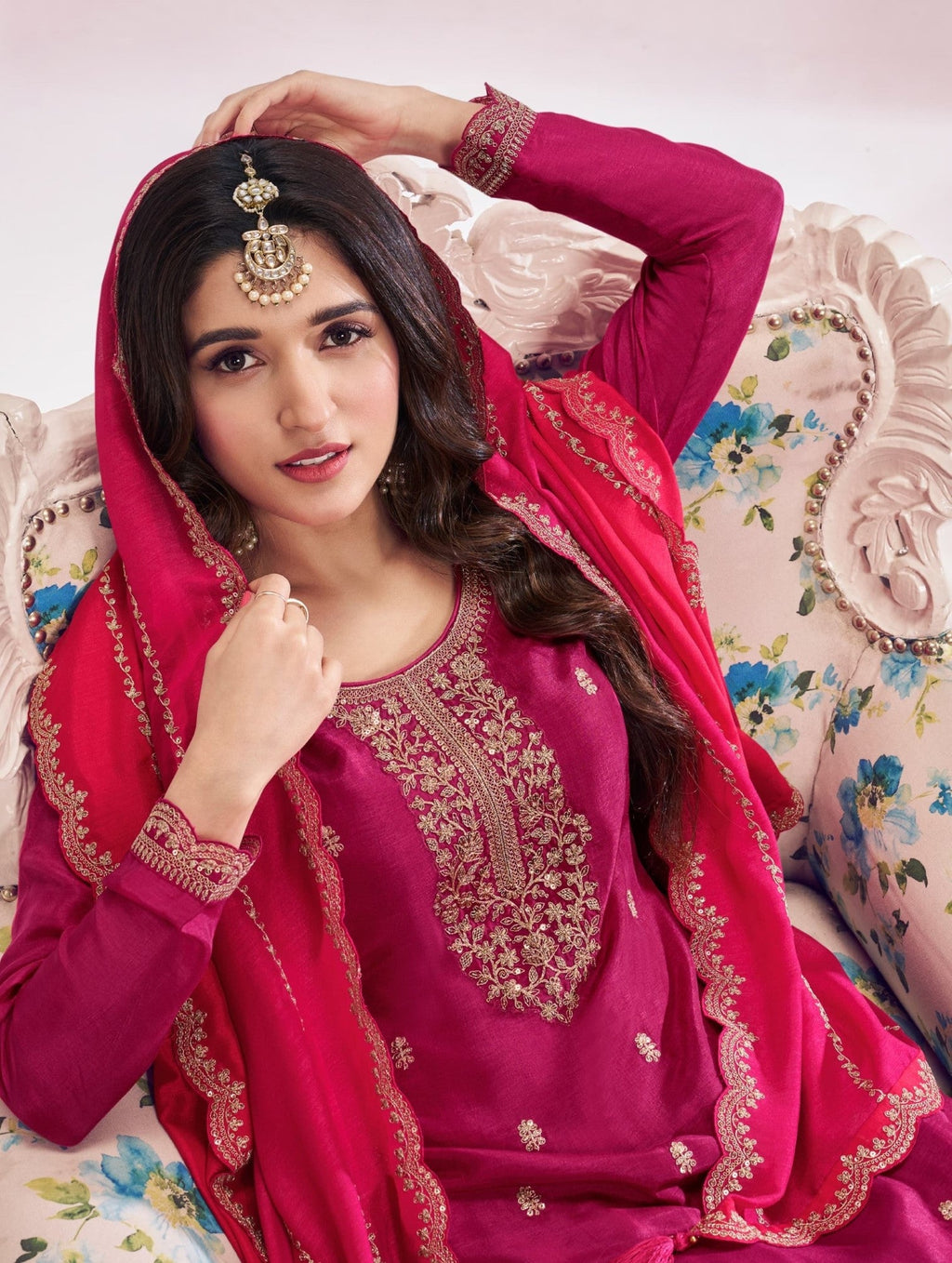 Anaita Pink Premium Embroidered Vichitra Silk Salwar Suit - Distacart
