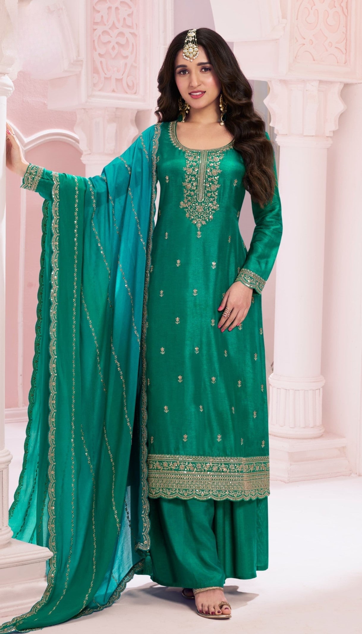 Anaita Green Premium Embroidered Vichitra Silk Salwar Suit - Distacart