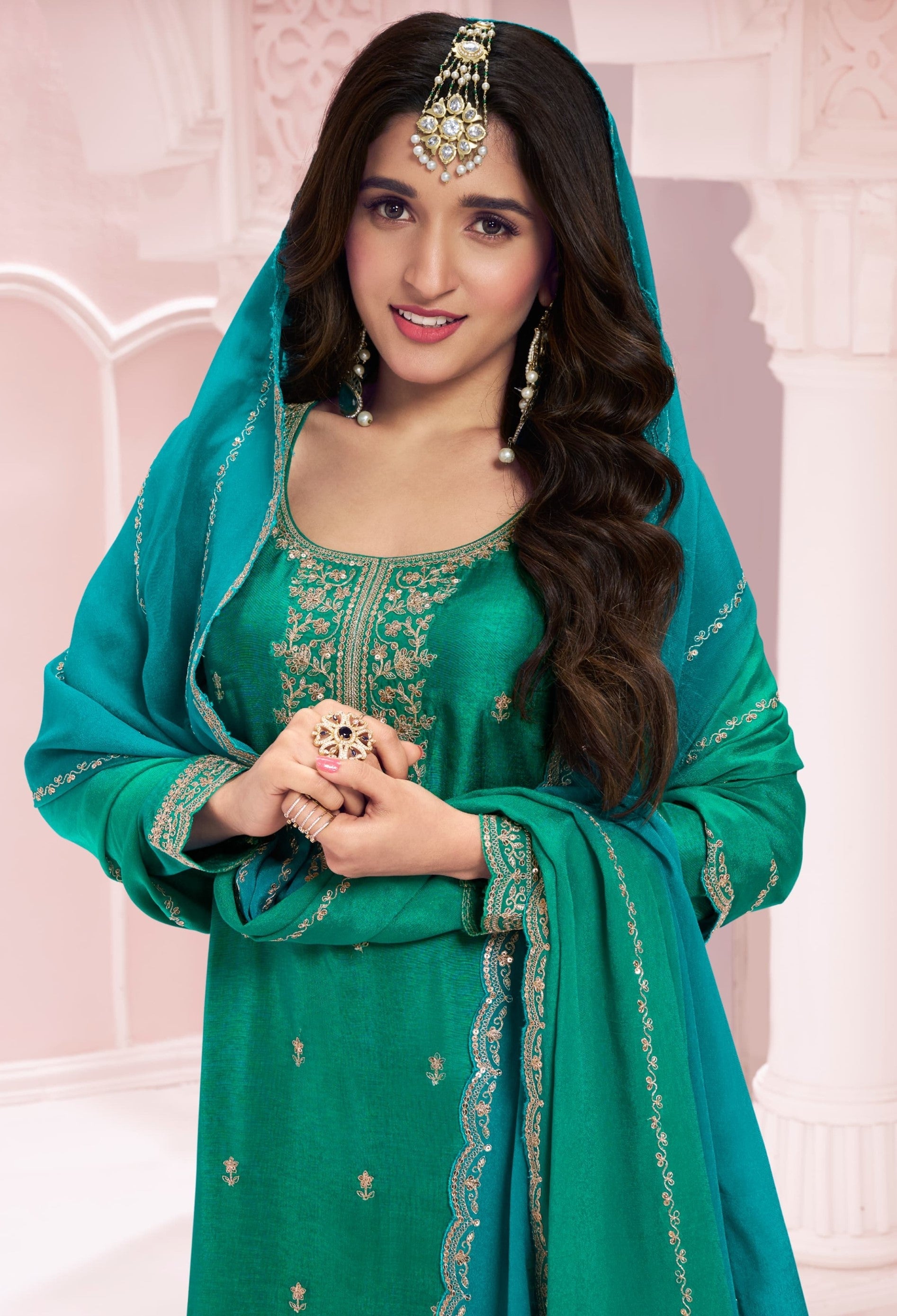 Anaita Green Premium Embroidered Vichitra Silk Salwar Suit - Distacart