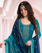 Anaita Teal Blue Green Premium Embroidered Vichitra Silk Salwar Suit - Distacart