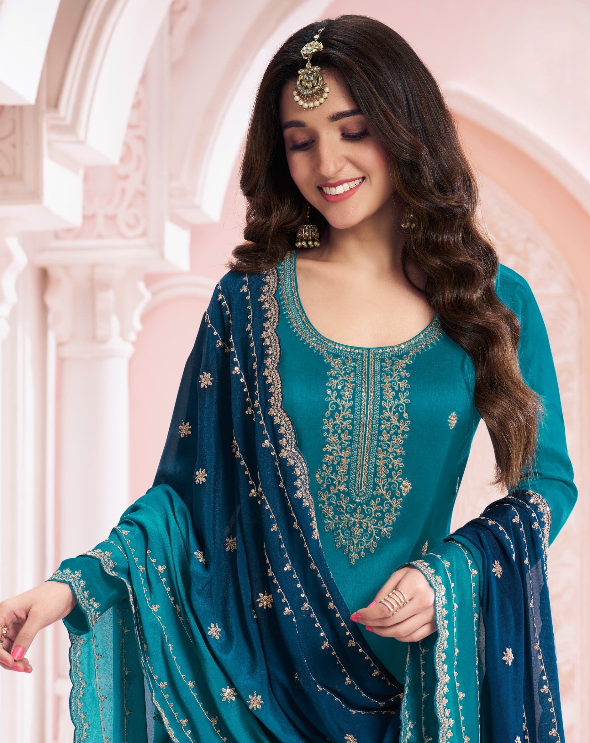 Anaita Teal Blue Green Premium Embroidered Vichitra Silk Salwar Suit - Distacart