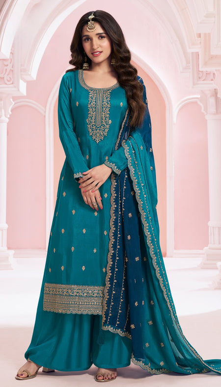 Anaita Teal Blue Green Premium Embroidered Vichitra Silk Salwar Suit