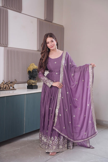 Lorenvalley Fashion Lavender Diamond Silk Embroidery Sequins Work Anarkali Gown with Dupatta