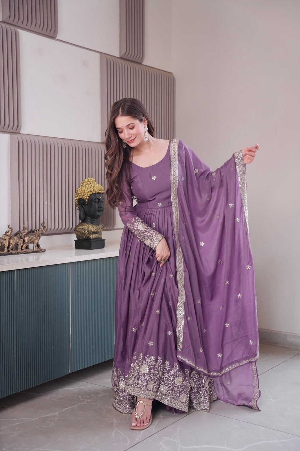 Lorenvalley Fashion Lavender Diamond Silk Embroidery Sequins Work Anarkali Gown with Dupatta - Distacart