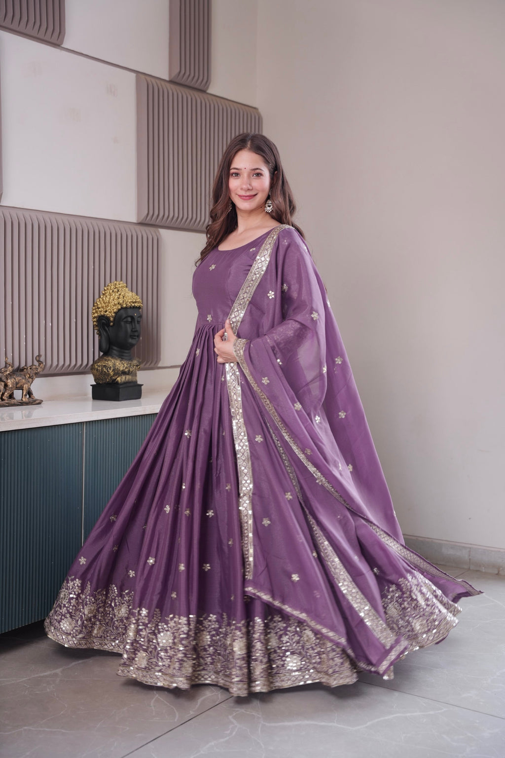 Lorenvalley Fashion Lavender Diamond Silk Embroidery Sequins Work Anarkali Gown with Dupatta - Distacart