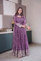 Lorenvalley Fashion Lavender Diamond Silk Embroidery Sequins Work Anarkali Gown with Dupatta - Distacart