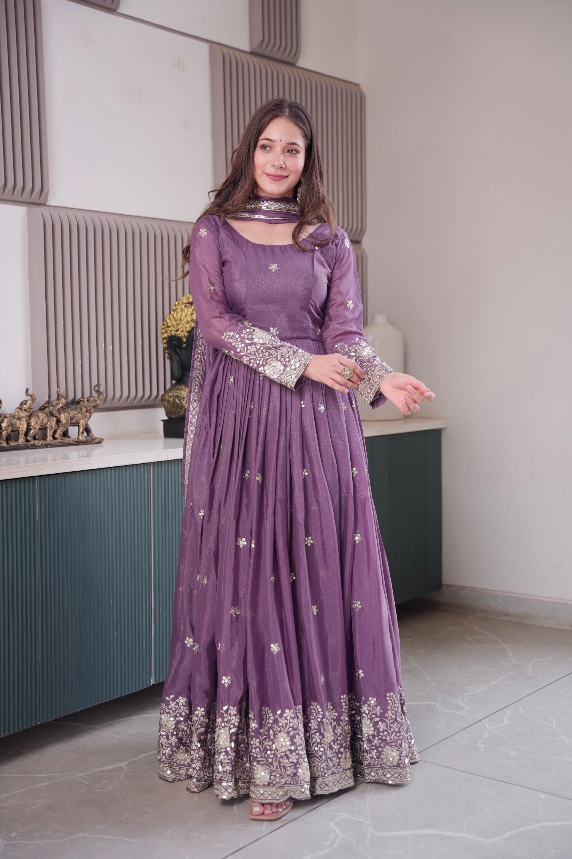 Lorenvalley Fashion Lavender Diamond Silk Embroidery Sequins Work Anarkali Gown with Dupatta - Distacart
