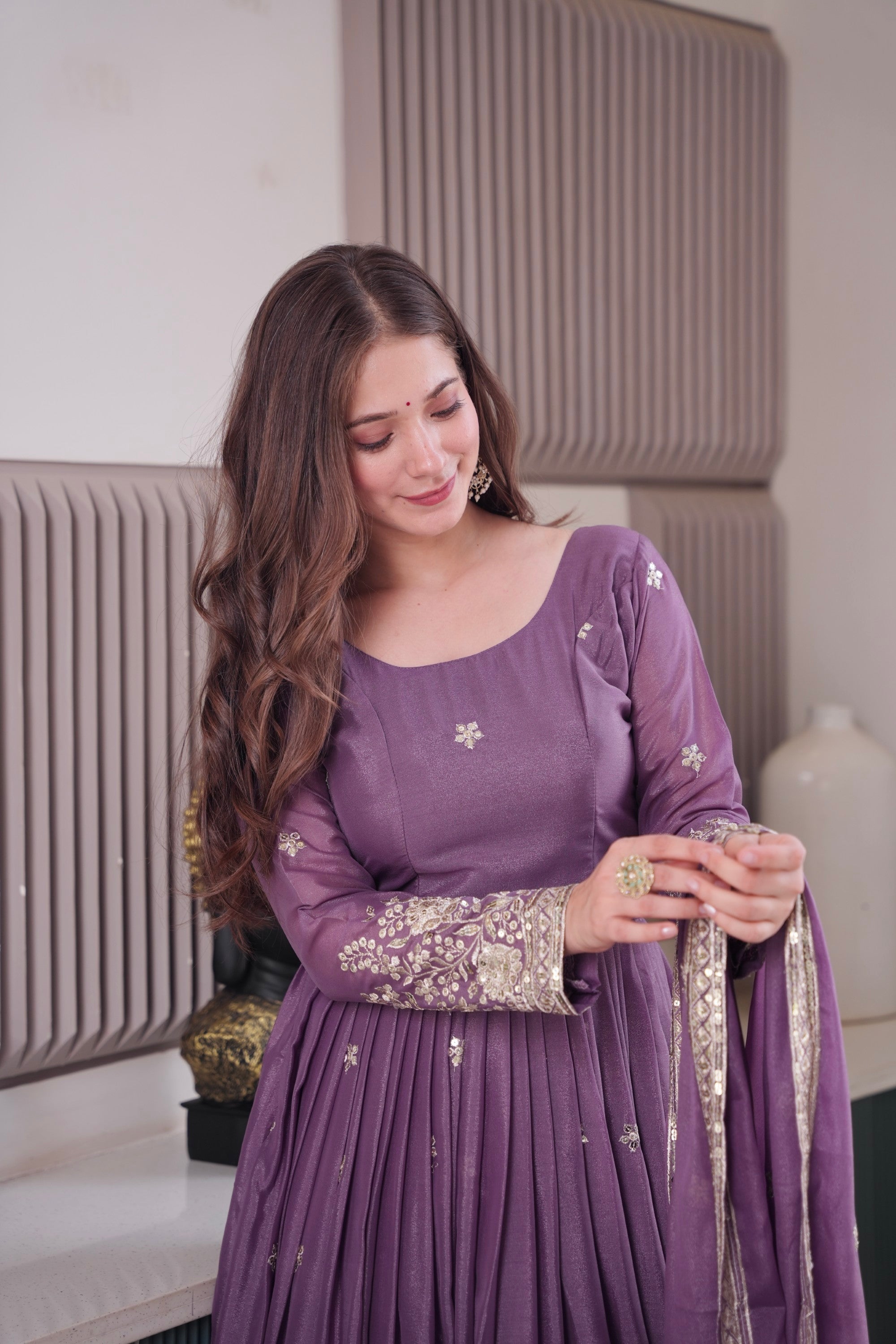 Lorenvalley Fashion Lavender Diamond Silk Embroidery Sequins Work Anarkali Gown with Dupatta - Distacart