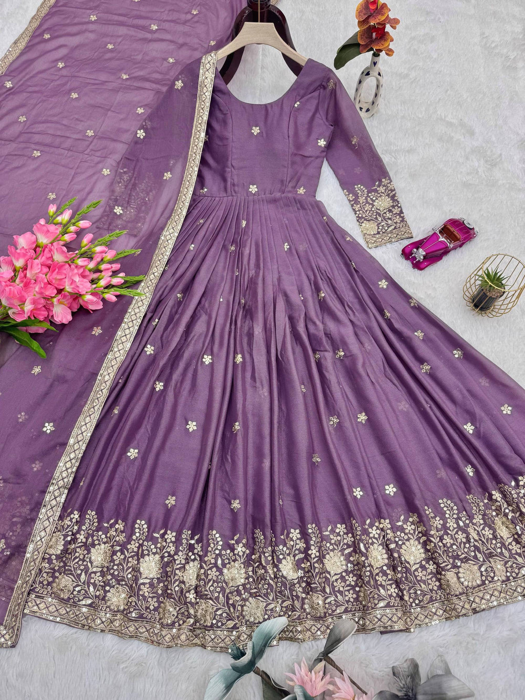 Lorenvalley Fashion Lavender Diamond Silk Embroidery Sequins Work Anarkali Gown with Dupatta - Distacart