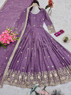 Lorenvalley Fashion Lavender Diamond Silk Embroidery Sequins Work Anarkali Gown with Dupatta - Distacart