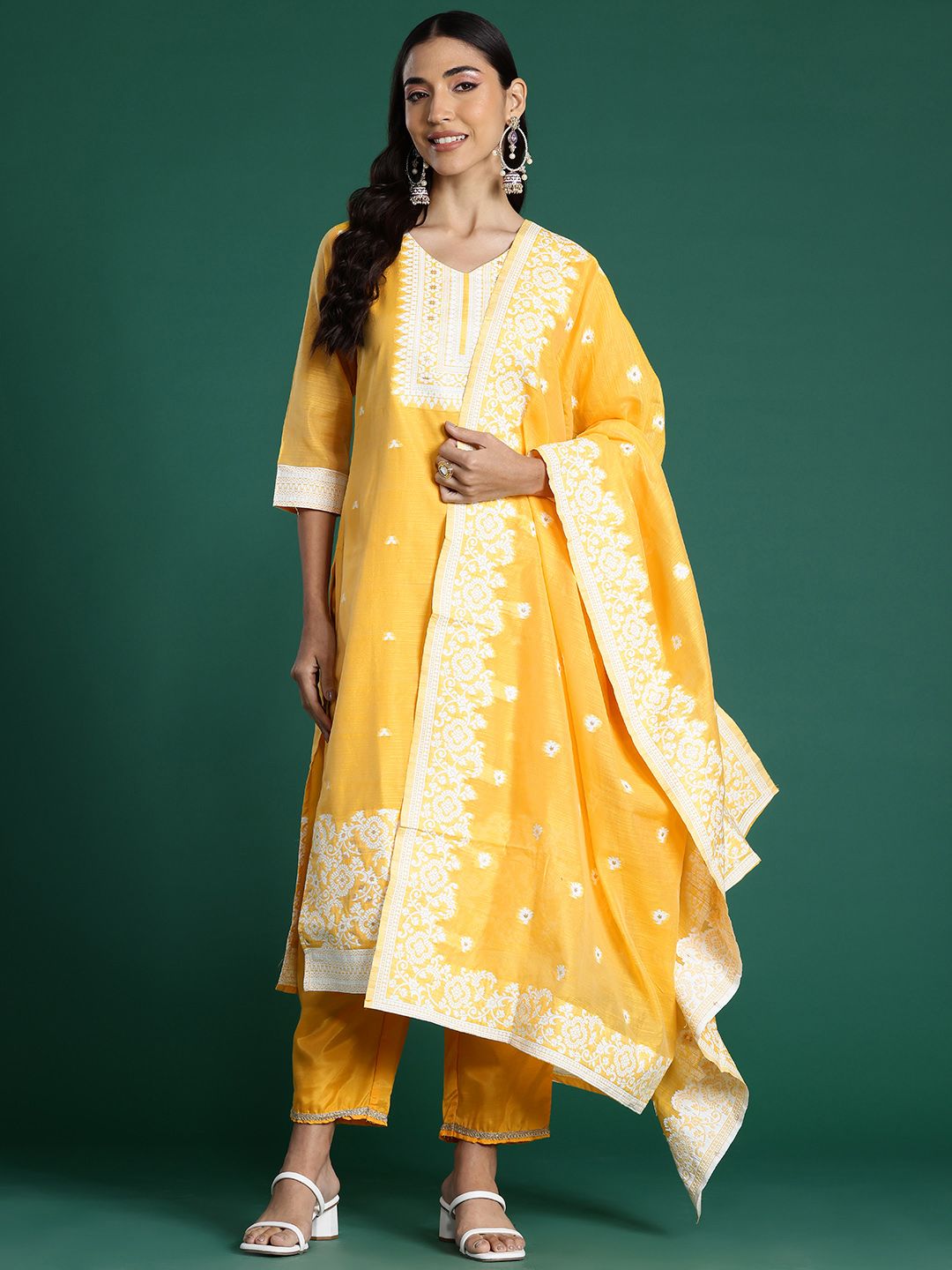 Indo Era Woven Design Jacquard Chanderi Silk Kurta With Trousers & Dupatta - Distacart