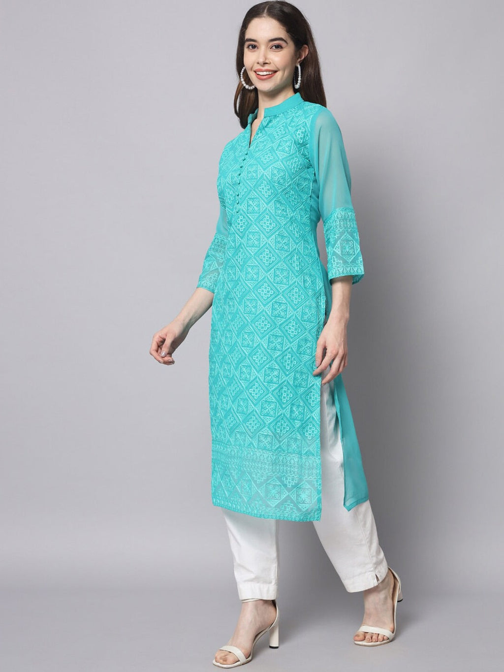 HERE&NOW Women Turquoise Blue Ethnic Motifs Embroidered Thread Work Georgette Kurta