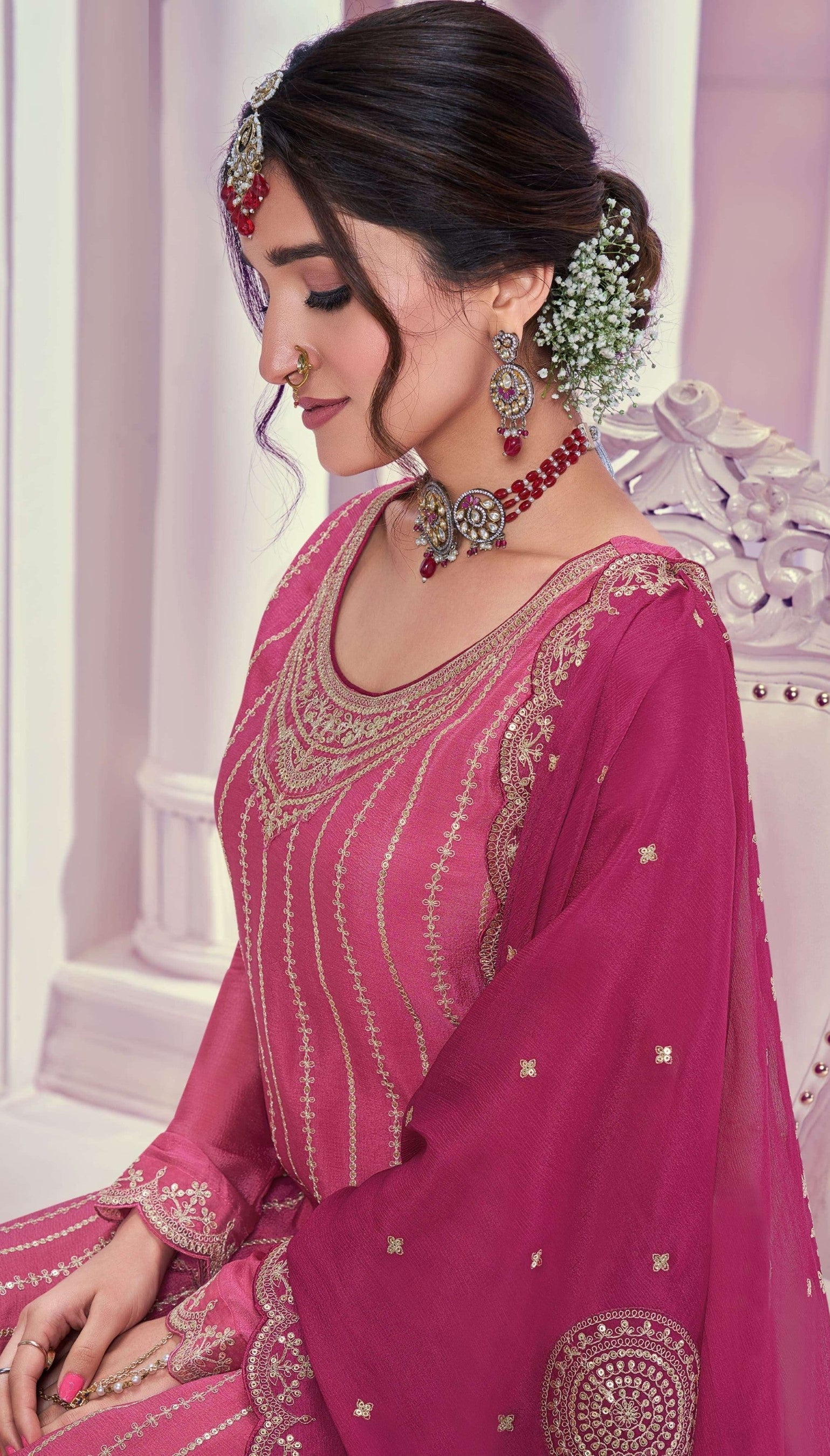 Anaita Pink Chiffon Sequins Embroidered Readymade Salwar Suit - Distacart