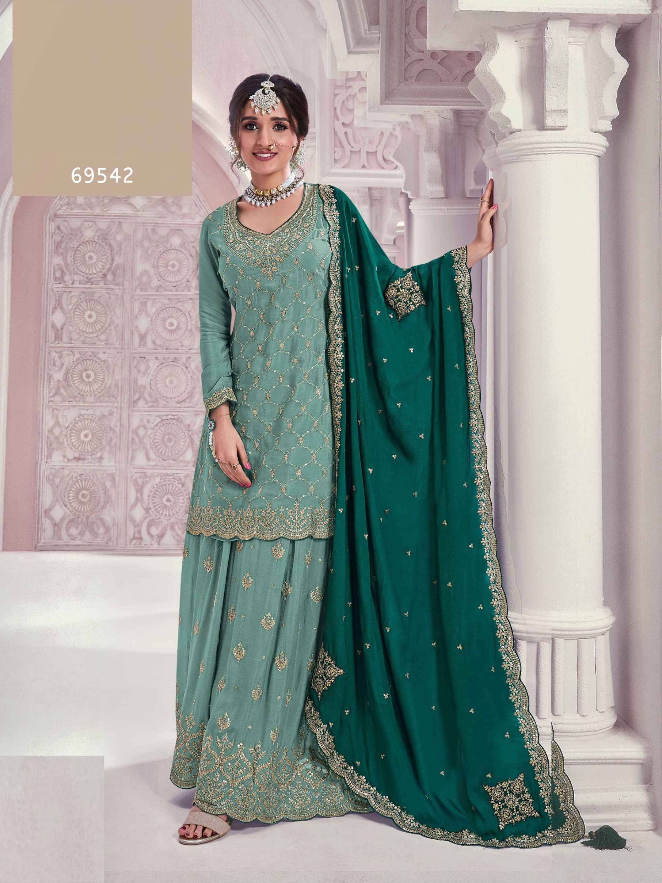 Anaita Sky Blue Chinon Sequence Embroidered Readymade Salwar Suit - Distacart