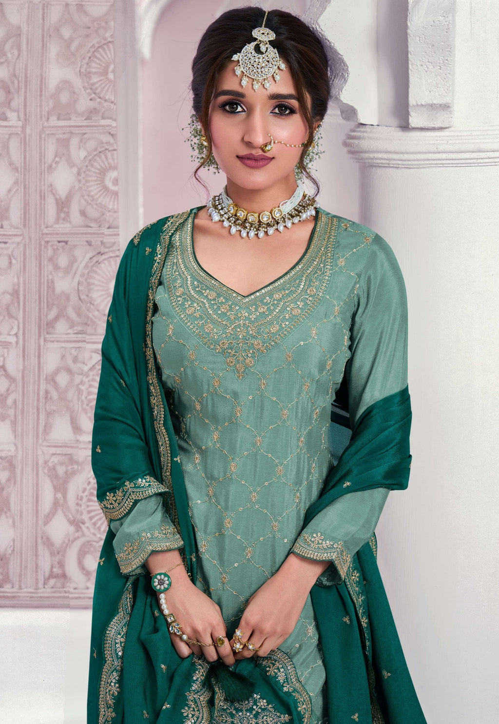 Anaita Sky Blue Chinon Sequence Embroidered Readymade Salwar Suit - Distacart
