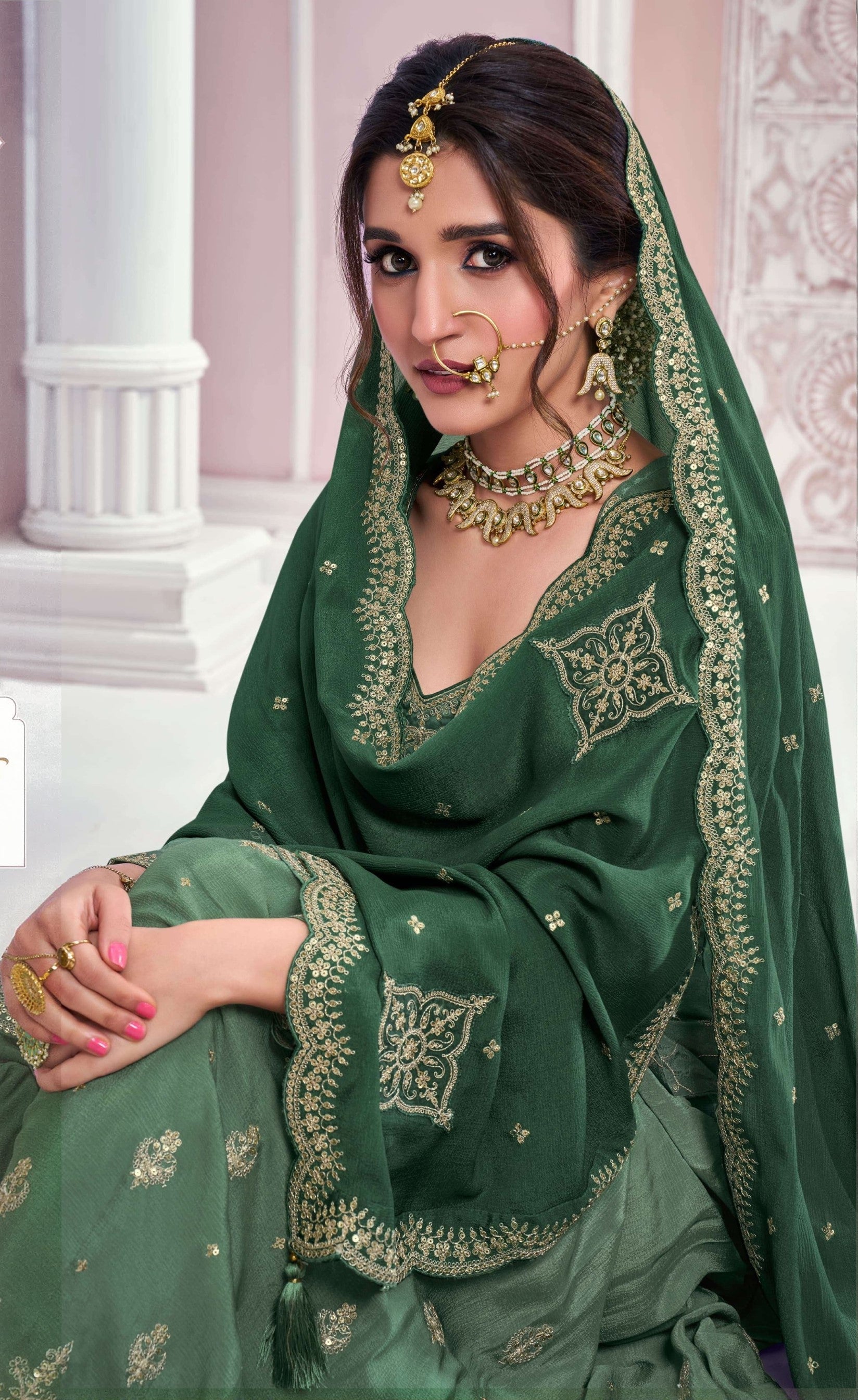 Anaita Dark Green Chinon Sequence Embroidered Readymade Salwar Suit - Distacart