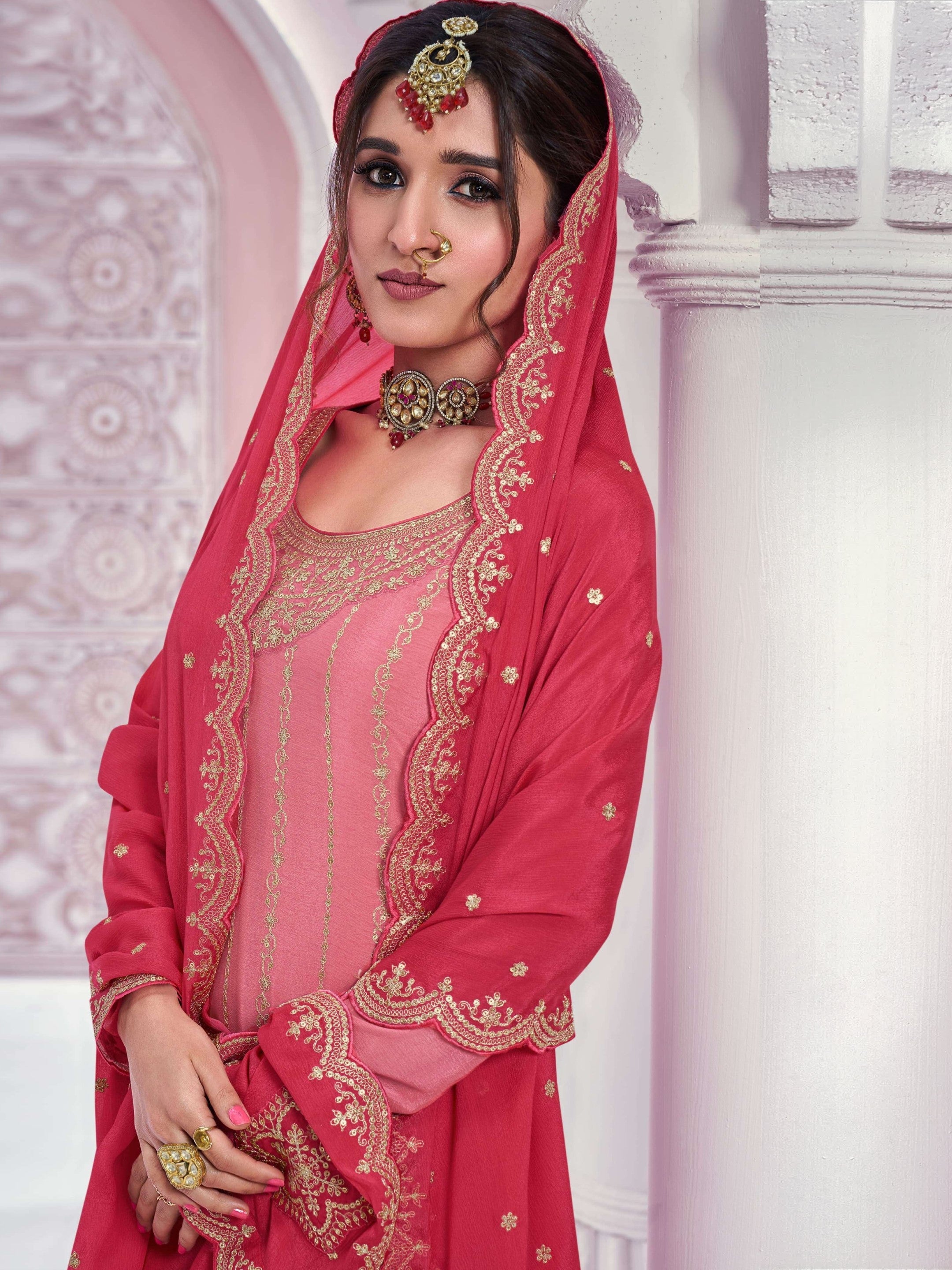 Anaita Peach Chinon Sequence Embroidered Readymade Salwar Suit - Distacart
