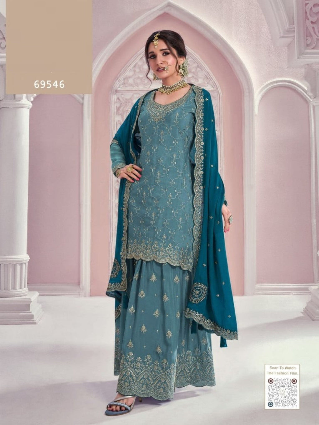Anaita Blue Chinon Sequence Embroidered Readymade Salwar Suit - Distacart