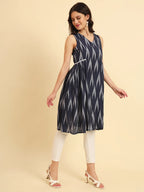 Yufta Ikat Cotton Blue Workwear Kurta With Lace Detailing